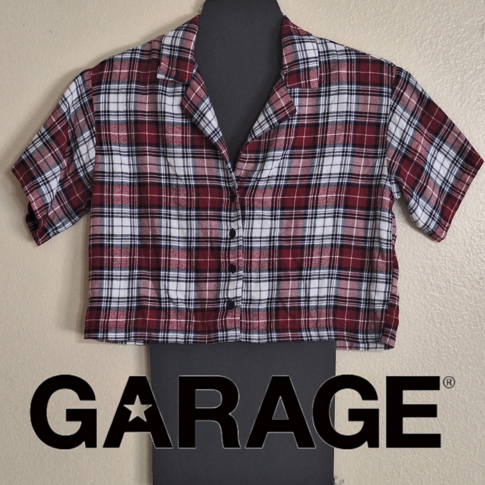 Garage Dreamy Boxy Short Sleeve Cropped Flannel Pajama Shirt